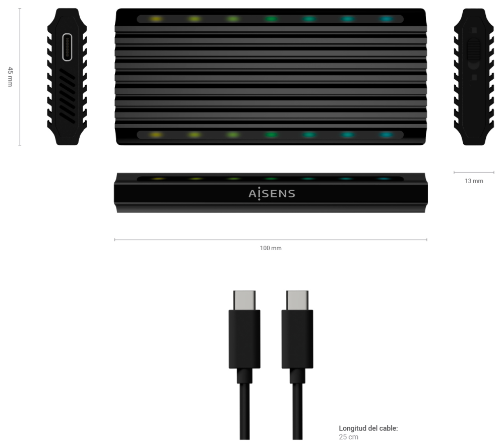 AISENS Caja Externa M.2 RGB Gaming ASM2-RGB012B SATA/NVMe A USB3.1 Gen2, Negra