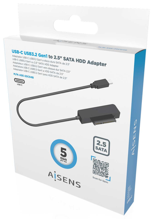AISENS Adaptador SATA a USB-C USB3.0/USB3.1 Gen1 para Discos Duros 2.5?, Negro