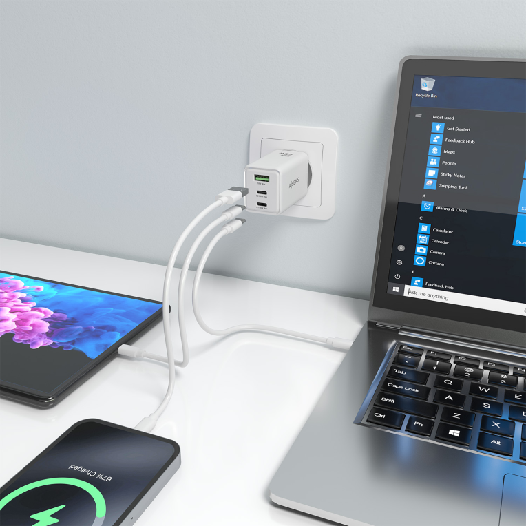 AISENS Cargador GaN 65W, 2xUSB-C PD3.0 QC4.0, 1xUSB-A QC3.0, Blanco