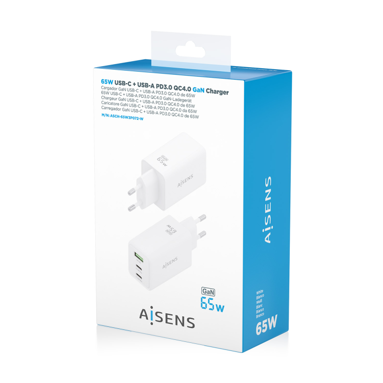 AISENS Cargador GaN 65W, 2xUSB-C PD3.0 QC4.0, 1xUSB-A QC3.0, Blanco