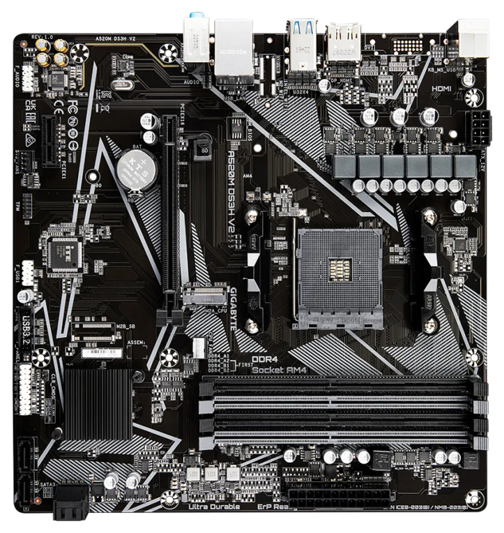 GIGABYTE Placa base A520M DS3H V2 - Soporta CPUs AMD Ryzen serie 5000 AM4, hasta 4733 MHz DDR4 (OC), PCIe 3.0 x16, LAN GbE, USB 3.2 Gen 1