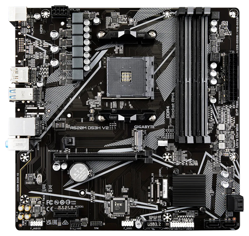GIGABYTE Placa base A520M DS3H V2 - Soporta CPUs AMD Ryzen serie 5000 AM4, hasta 4733 MHz DDR4 (OC), PCIe 3.0 x16, LAN GbE, USB 3.2 Gen 1
