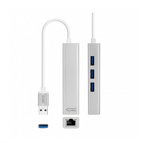 ADAPTADOR HUB USB TIPO A 3.0 A ETHERNET GIGABIT+3XUSB NANOCABLE 0.15M PLATA