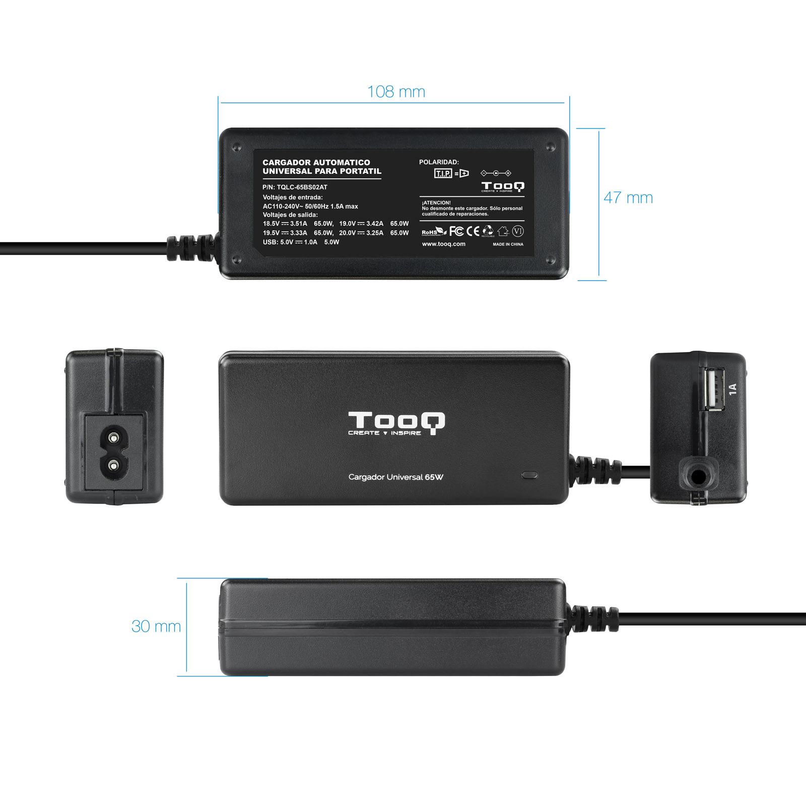 CARGADOR PORTATIL UNIVERSAL TOOQ TQLC-65BS02AT 65W 1 X USB 8C NEGRO