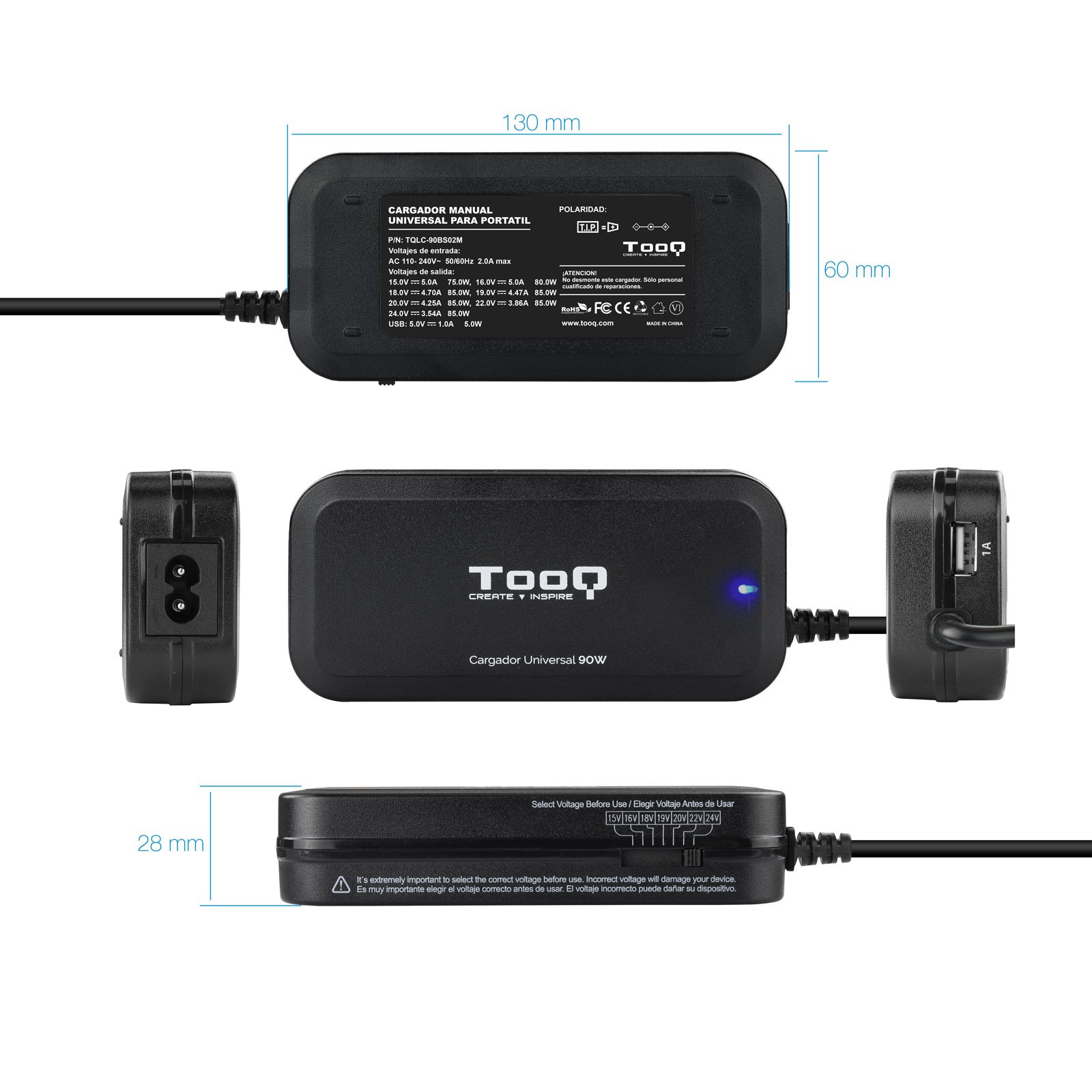 CARGADOR PORTATIL UNIVERSAL TOOQ TQLC-90BS02M 90W 1 X USB 12C NEGRO