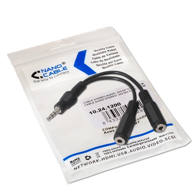 CABLE AUDIO NANOCABLE 1 X JACK 3.5MM A 2 X JACK 3.5MM/ MACHO-HEMBRA/ 15CM