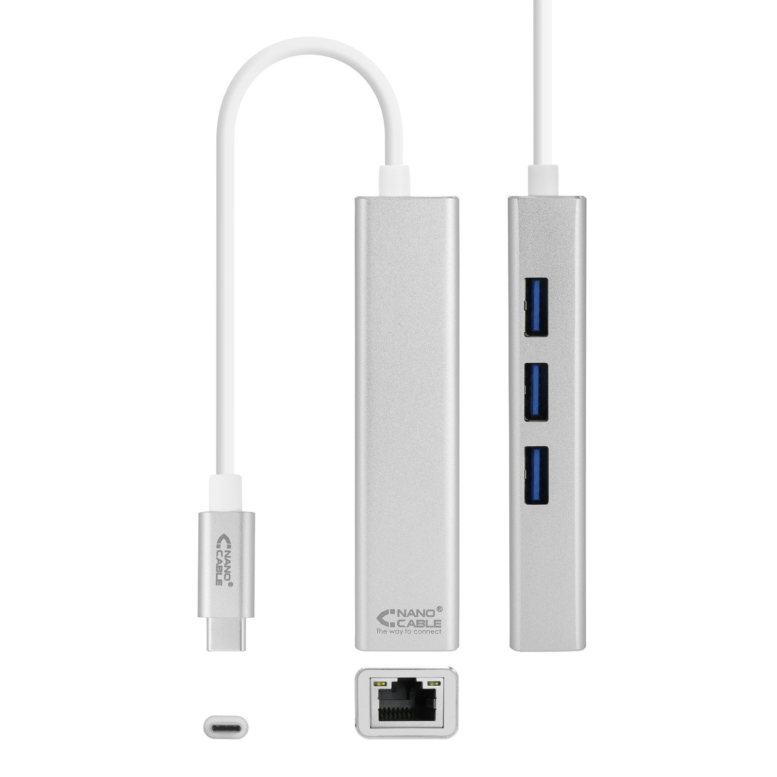 CABLE USB TIPO C 3.0 A GIGABIT ETHERNET + 3 X USB 3.0 NANOCABLE 15CM/ MACHO-HEMBRA/ PLATA