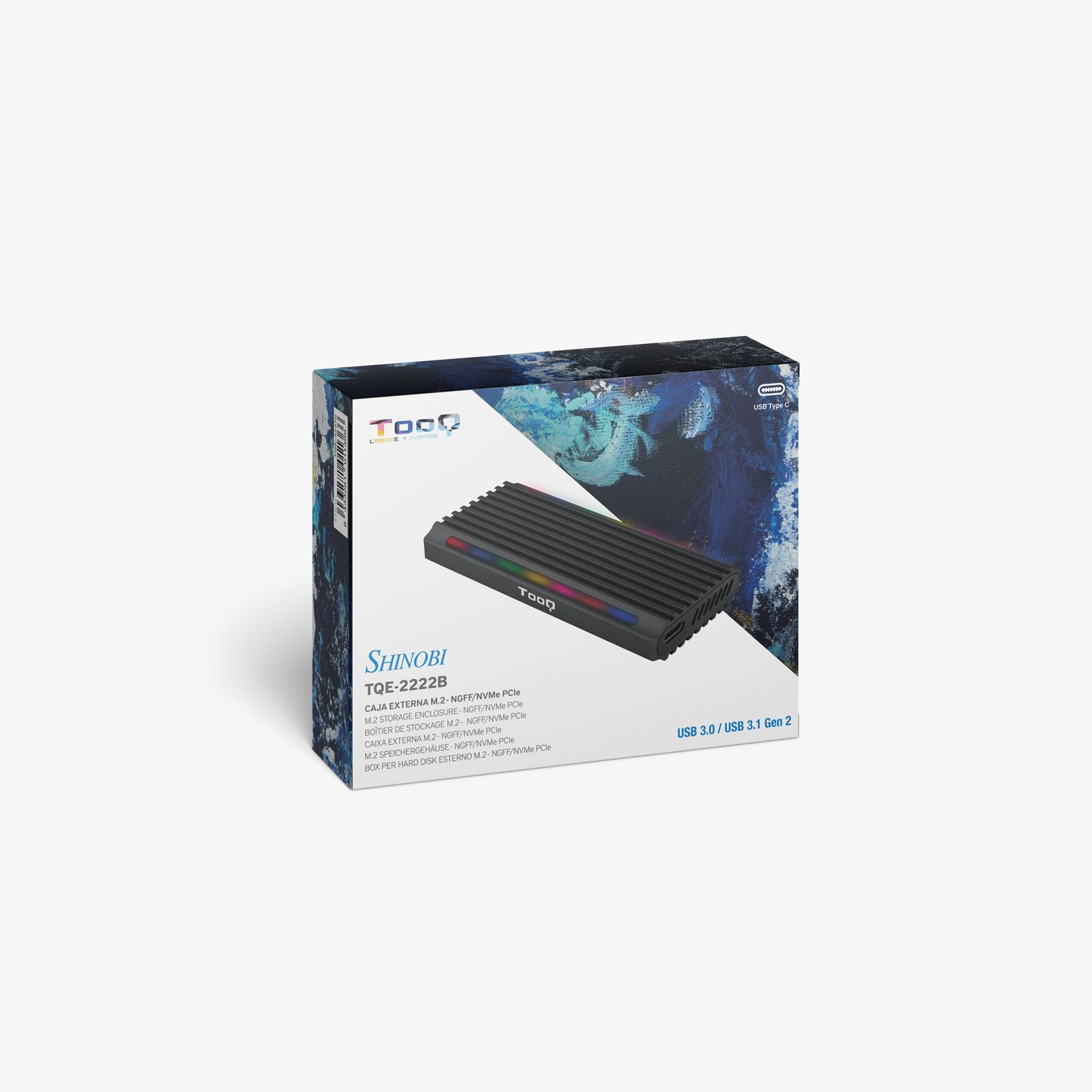 CAJA EXTERNA TOOQ TQE-2222B SHINOBI PARA SSD M.2 USB TIPO C RGB NEGRO