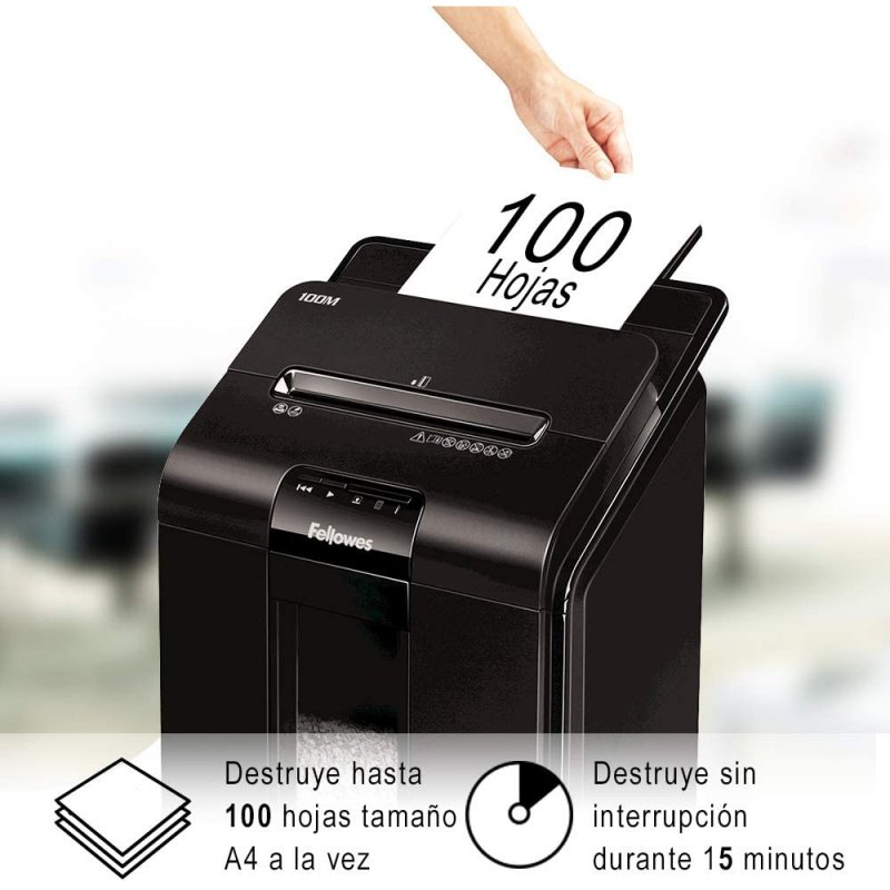 DESTRUCTORA DE PAPEL FELLOWES AUTOMAX 100M CORTE EN PARTICULA 4X10MM / 23 LITROS