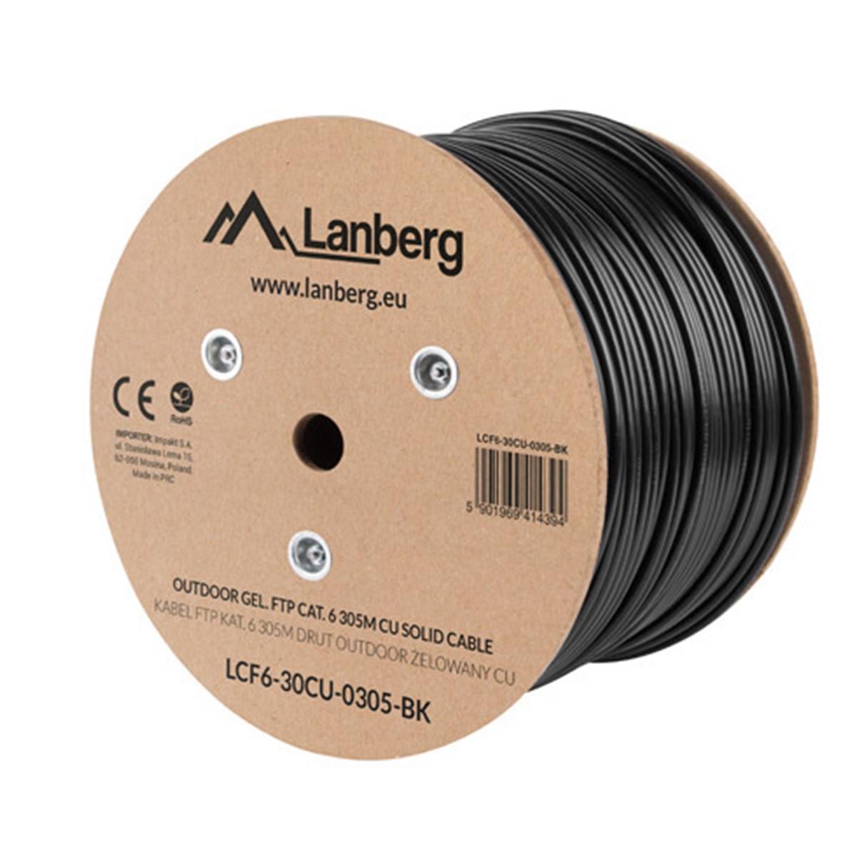 BOBINA PARA EXTERIOR LANBERG CAT.6 FTP RJ45 COBRE GEL-FILLED FLUKE AWG23 305M NEGRO
