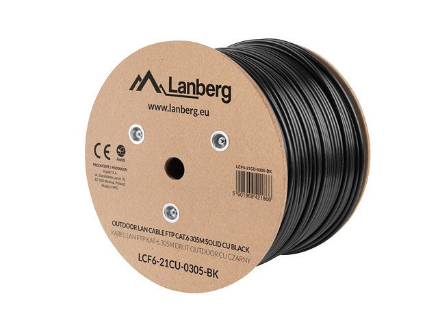 BOBINA PARA EXTERIOR LANBERG CAT.6 FTP RJ45 SOLIDO COBRE FLUKE TESTED AWG23 305M NEGRO