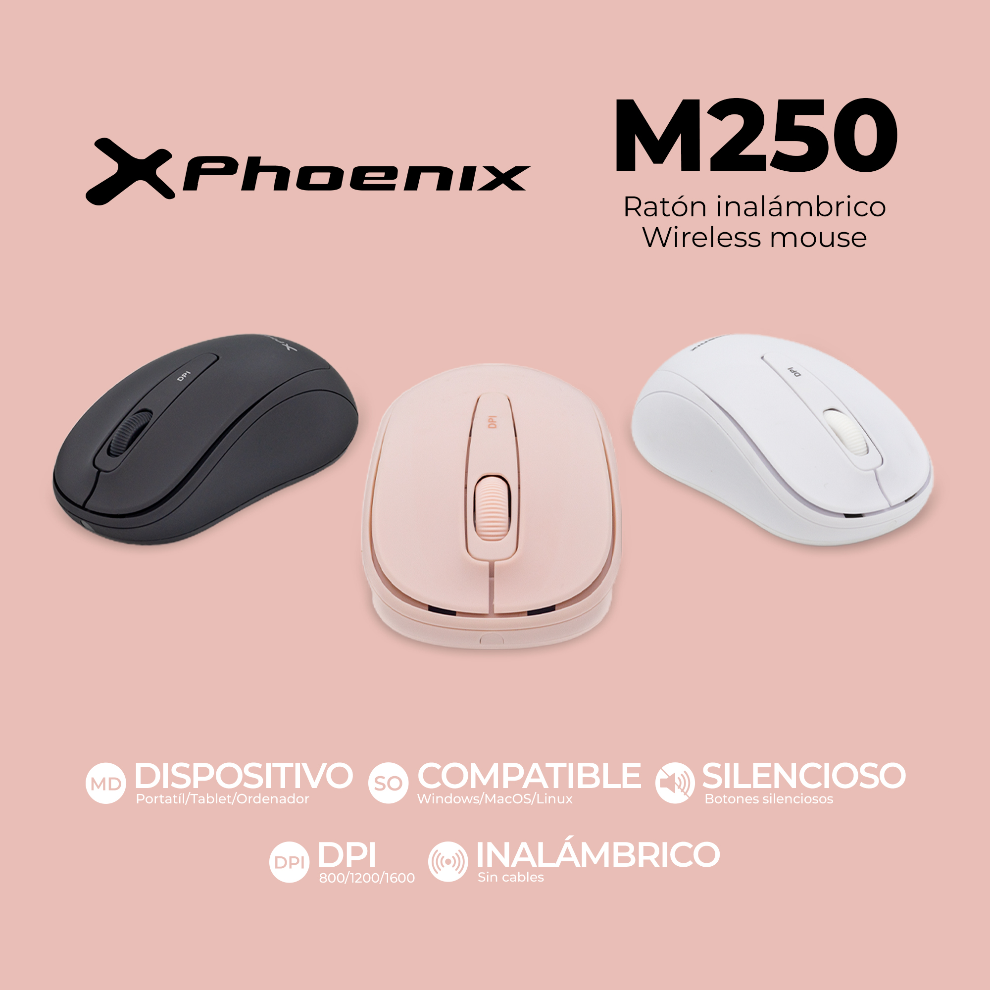 Phoenix M250 Ratón Inalámbrico 2.4 Ghz Receptor USB Hasta 1600 Dpi Compatible con PC Mac Portátil Color Rosa