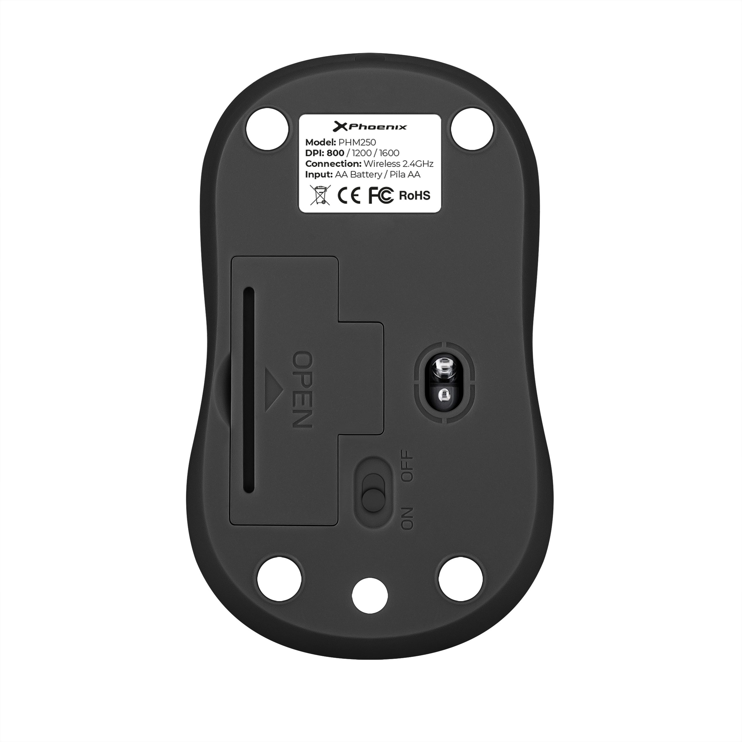 Phoenix M250 Ratón Inalámbrico 2.4 Ghz Receptor USB Hasta 1600 Dpi Compatible con PC Mac Portátil Color Negro