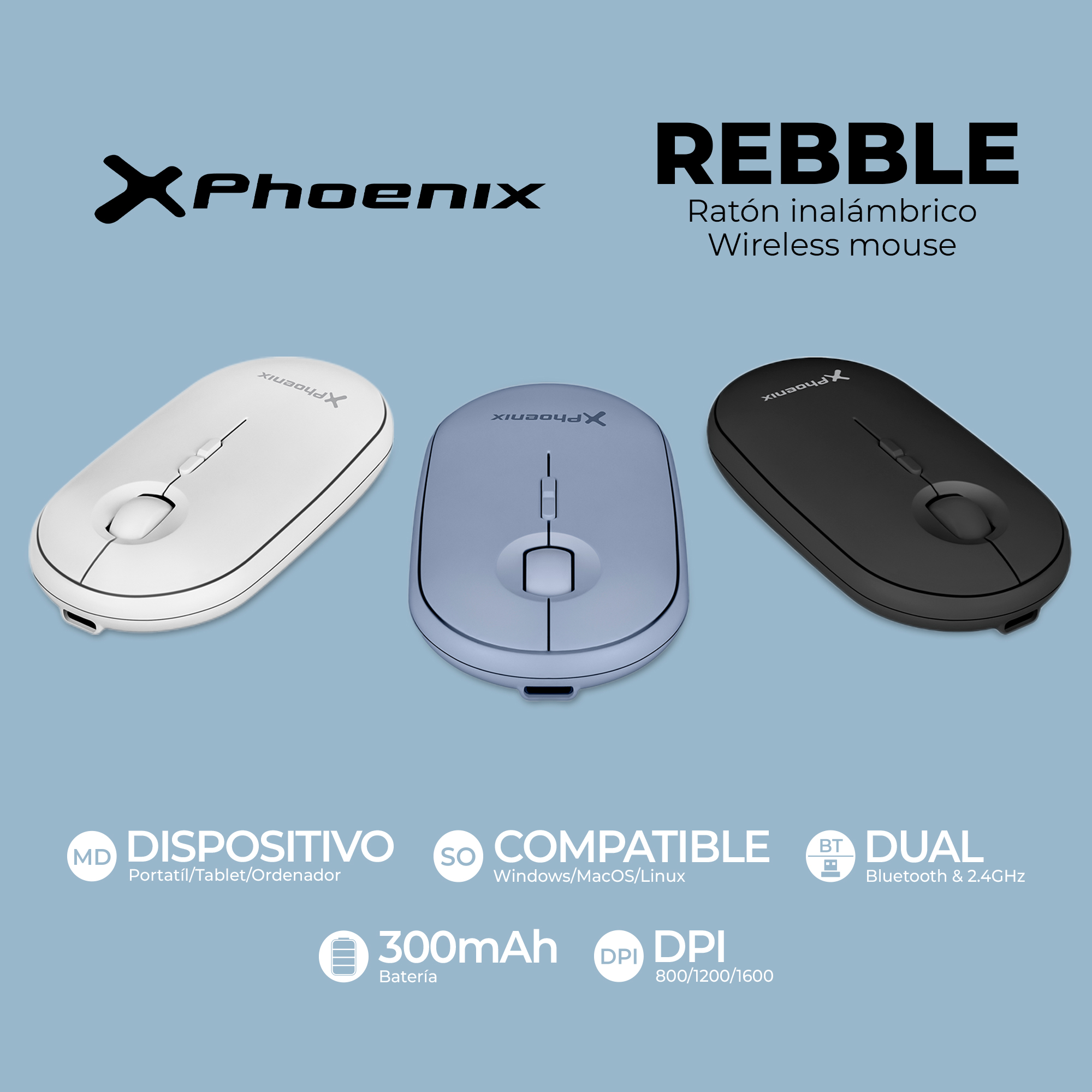 Raton Inalambrico Rebble Bluetooth y 2.4 Ghz hasta 3 dispositivos con Receptor USB Clic Silencioso para Portátil Notebook PC Chomebook Mac Color Azul