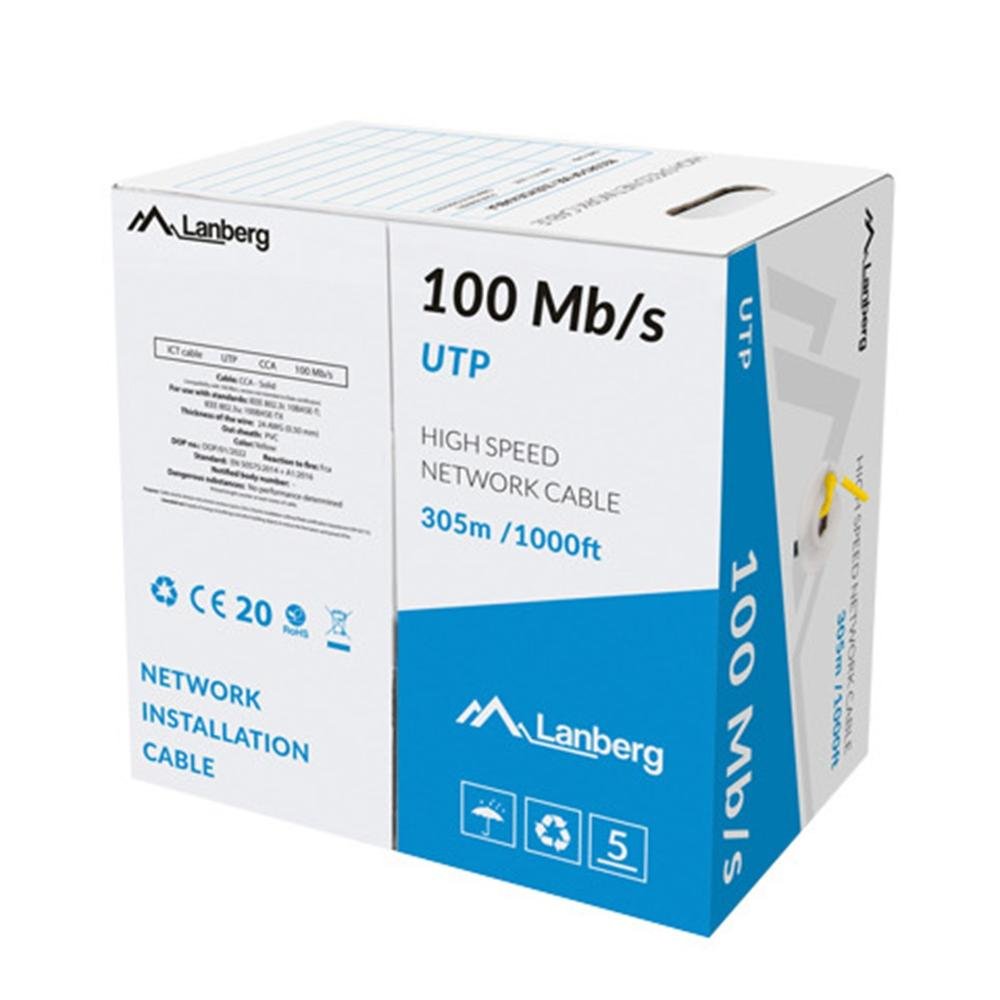 BOBINA 100MB/S LANBERG UTP 305M RJ45 SOLID CCA AWG24 AMARILLO