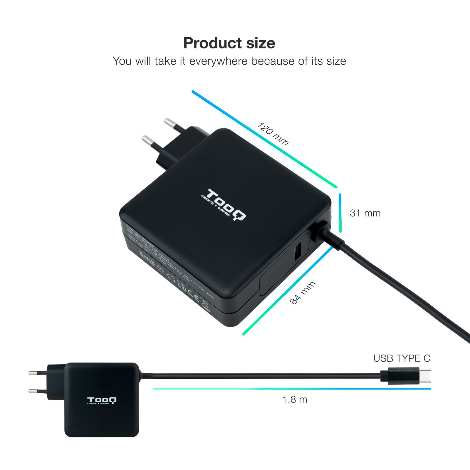 CARGADOR PORTATIL TOOQ TQLC-USBC90PD 90W USB-C NEGRO