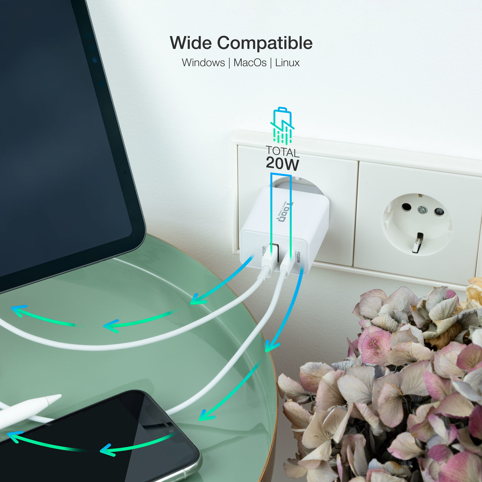 CARGADOR DE PARED USB TOOQ TQWC-2SC04WT USB TIPO A + USB TIPO C BLANCO