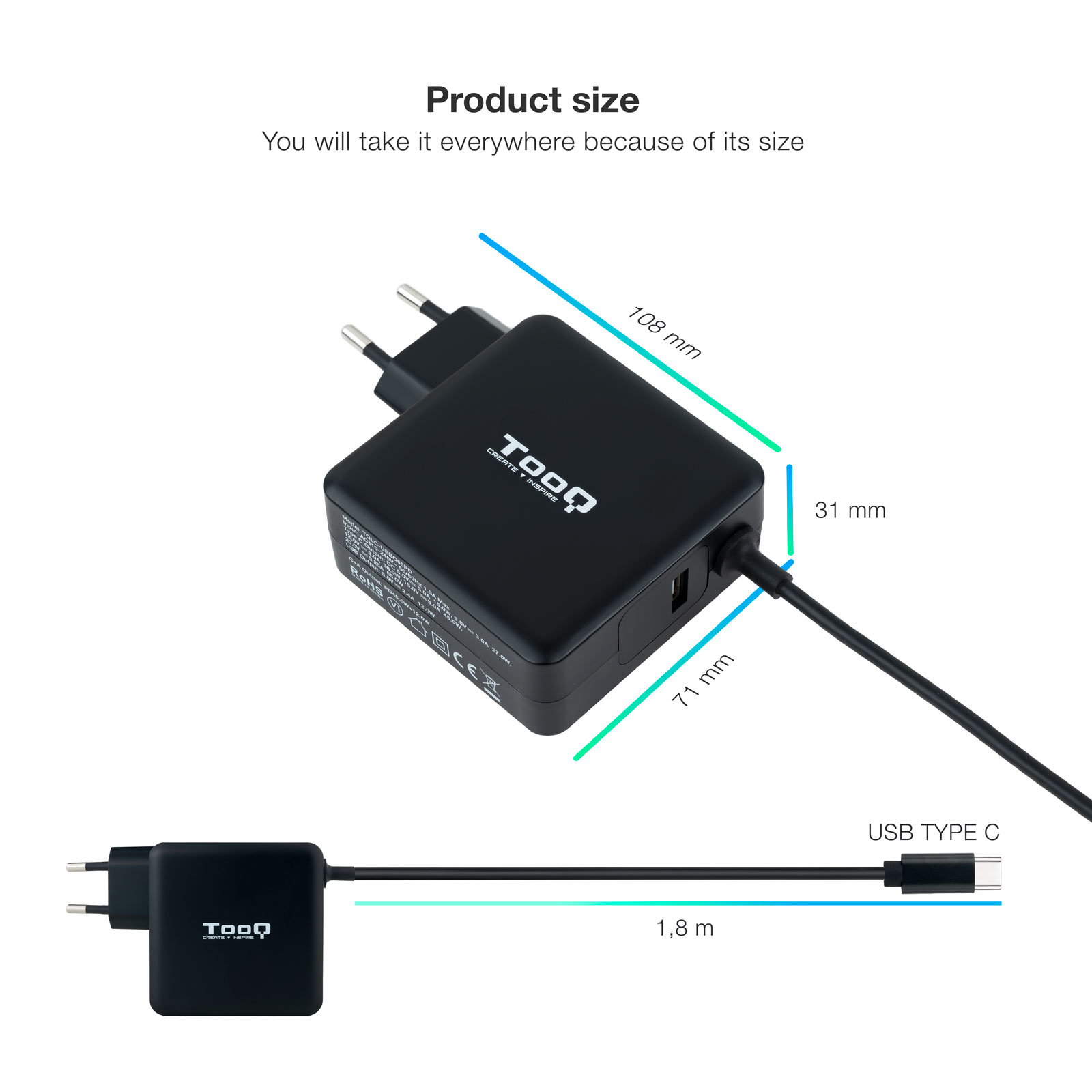 CARGADOR PORTATIL TOOQ TQLC-USBC65PD 65W USB TIPO C NEGRO