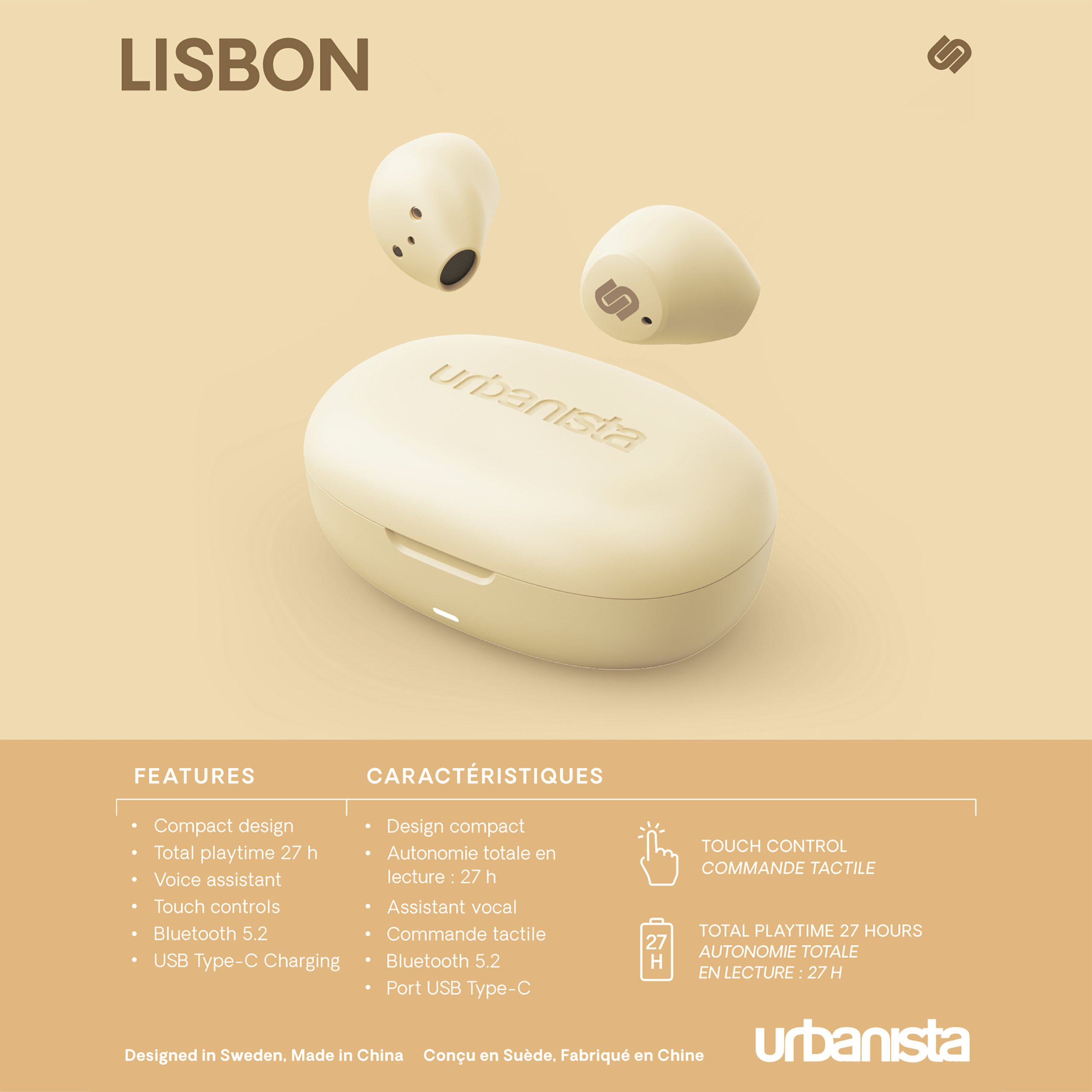 AURICULARES URBANISTA TRUE WIRELESS INALAMBRICOS LISBON VANILLA CREAM / AMARILLO VAINILLA
