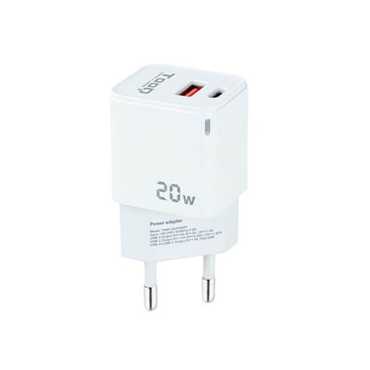 CARGADOR DE PARED TOOQ DOBLE USB-C + USB A BLANCO 20W