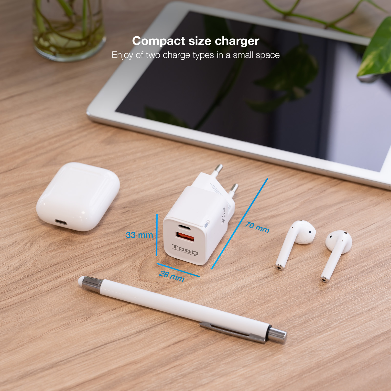 CARGADOR DE PARED TOOQ DOBLE USB-C + USB A BLANCO 20W