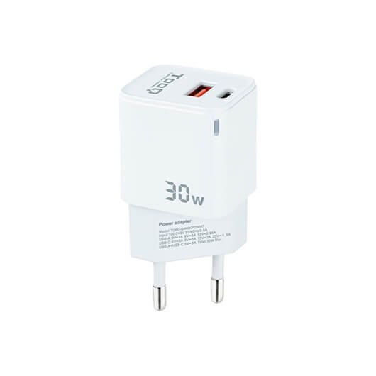 CARGADOR DE PARED TOOQ DOBLE USB-C + USB A BLANCO 30W
