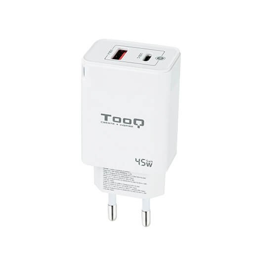 CARGADOR DE PARED TOOQ DOBLE USB-C + USB A BLANCO 45W GAN