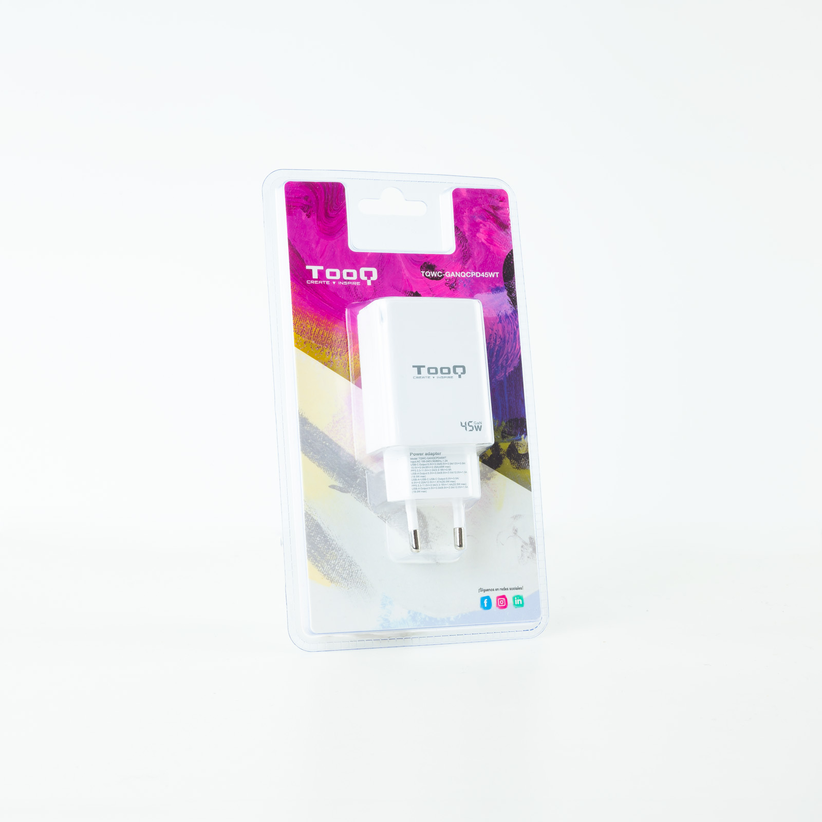 CARGADOR DE PARED TOOQ DOBLE USB-C + USB A BLANCO 45W GAN