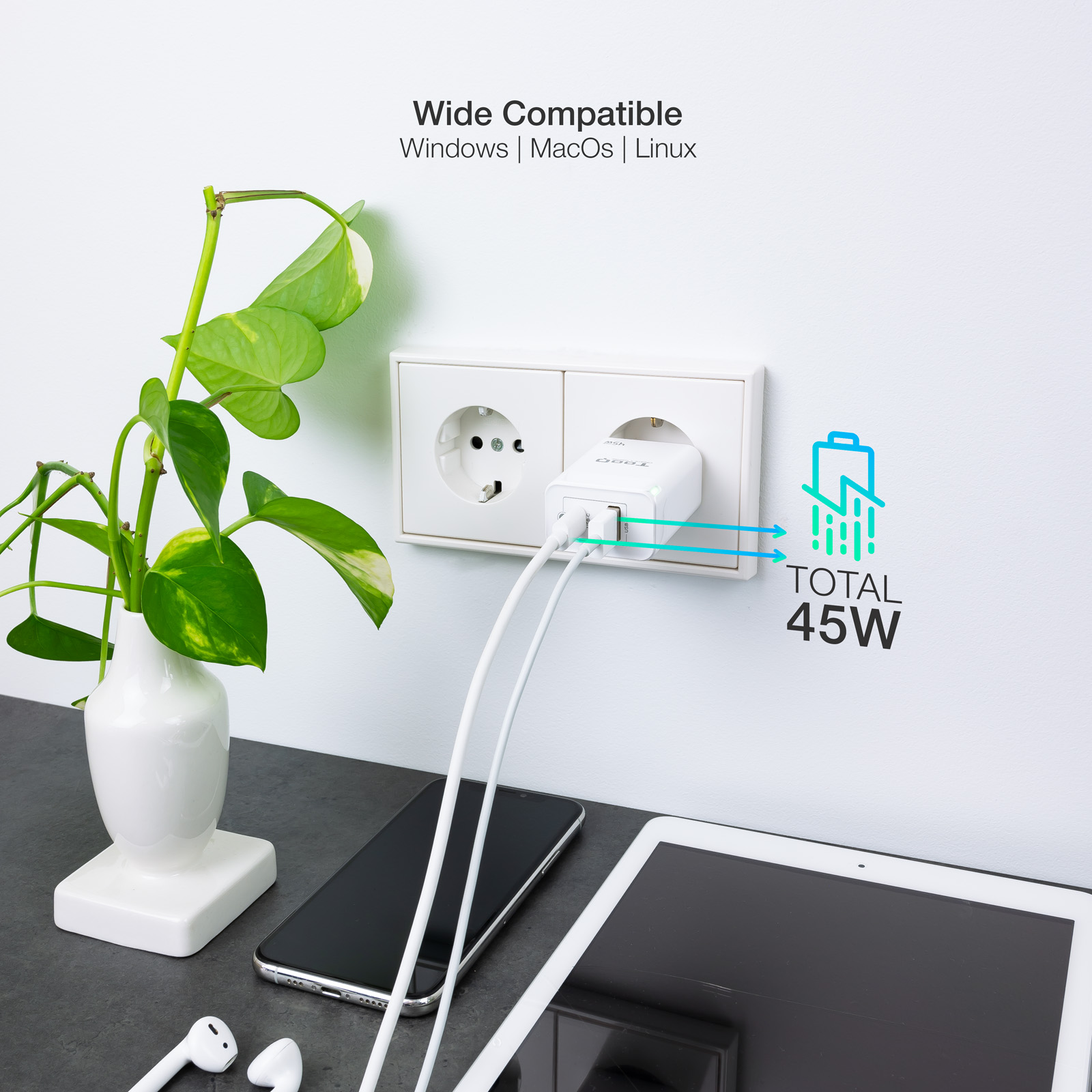 CARGADOR DE PARED TOOQ DOBLE USB-C + USB A BLANCO 45W GAN