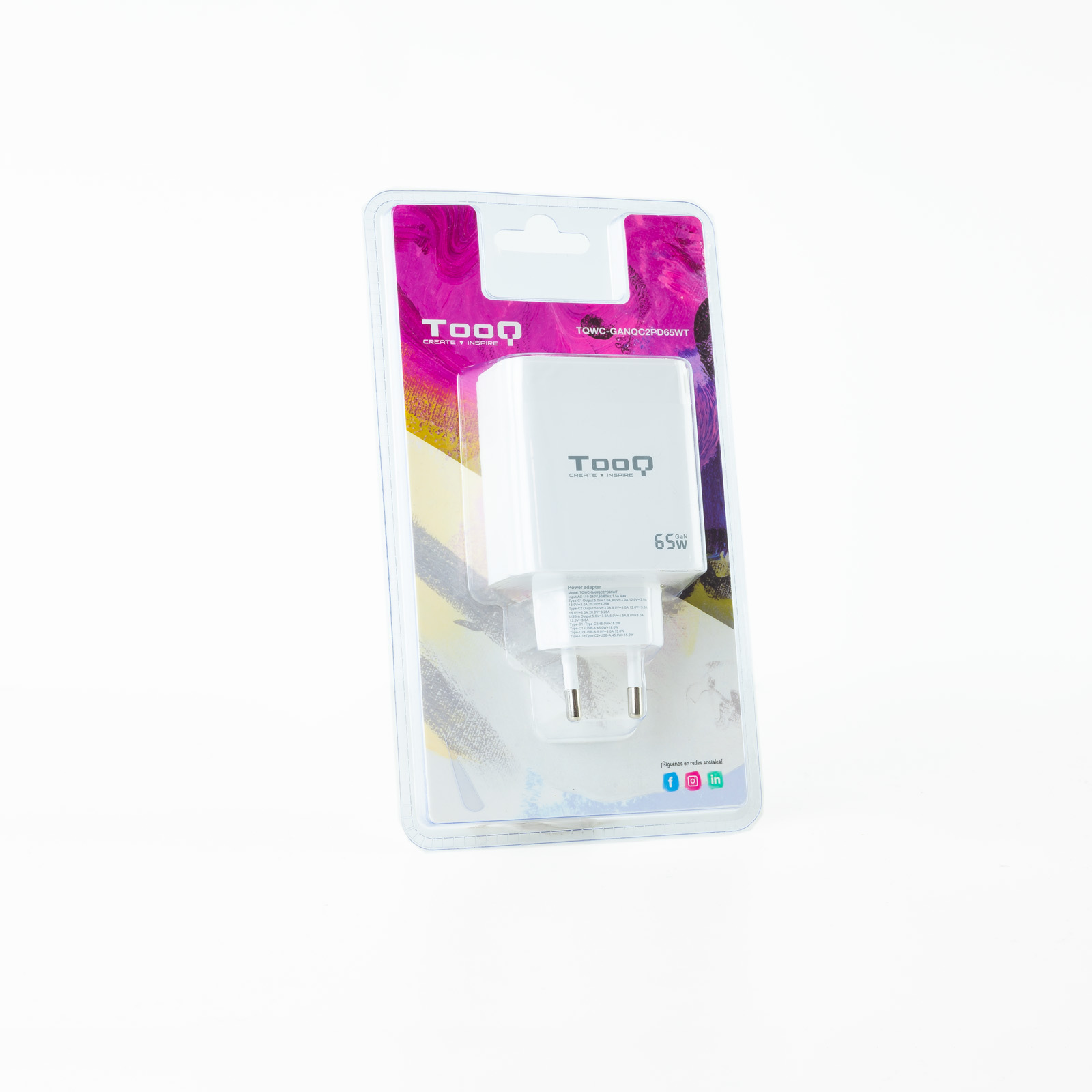 CARGADOR DE PARED TOOQ TRIPLE 2XUSB-C + USB A BLANCO 65W GAN