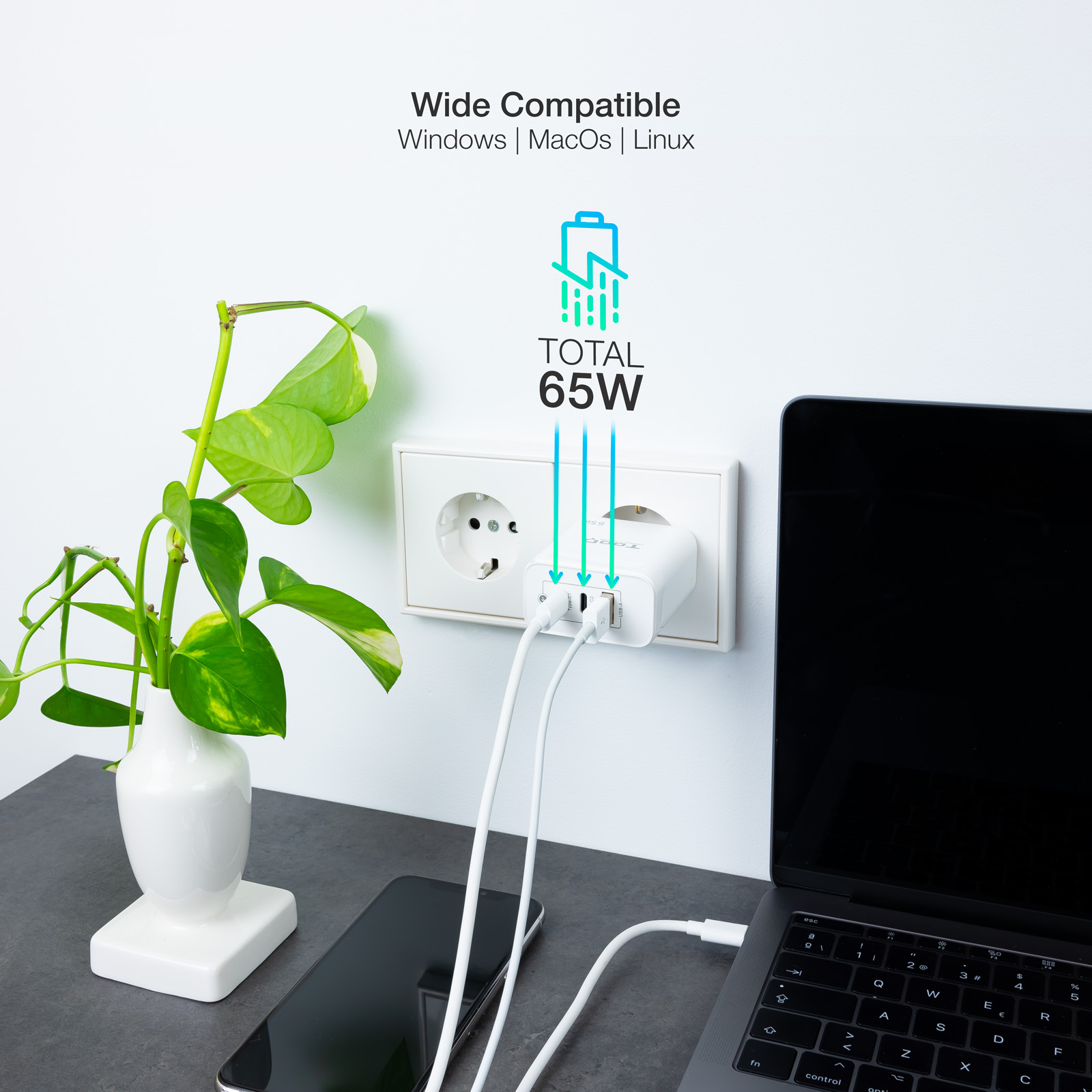 CARGADOR DE PARED TOOQ TRIPLE 2XUSB-C + USB A BLANCO 65W GAN