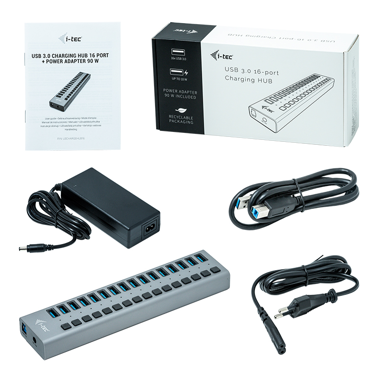 HUB I-TEC USB 3.0 DE CARGA CON 16 PUERTOS USB 3.0 Y ADAPTADOR DE ALIMENTACION 90W