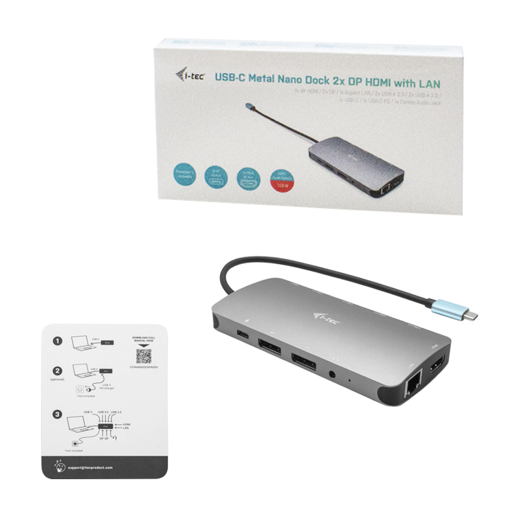 NANO DOCKING STATION I-TEC USB-C 3X FHD CON HDMI/2X DISPLAYPORT + LAN POWER DELIVERY 100W