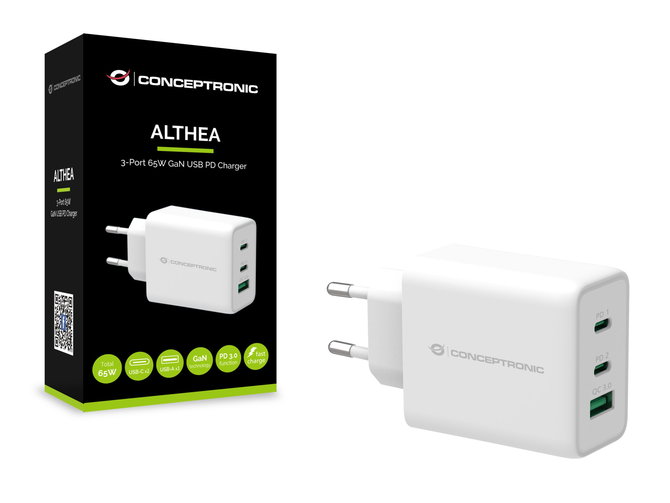 CARGADOR CONCEPTRONIC CARGA RAPIDA PD 1 PUERTO USB TIPO A / 2 PUERTOS USB TIPO C / ALTHEA / 65W / BLANCO