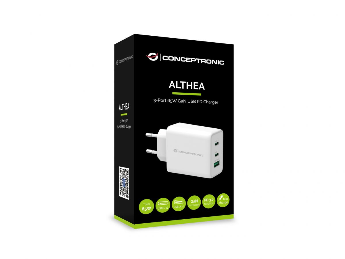 CARGADOR CONCEPTRONIC CARGA RAPIDA PD 1 PUERTO USB TIPO A / 2 PUERTOS USB TIPO C / ALTHEA / 65W / BLANCO