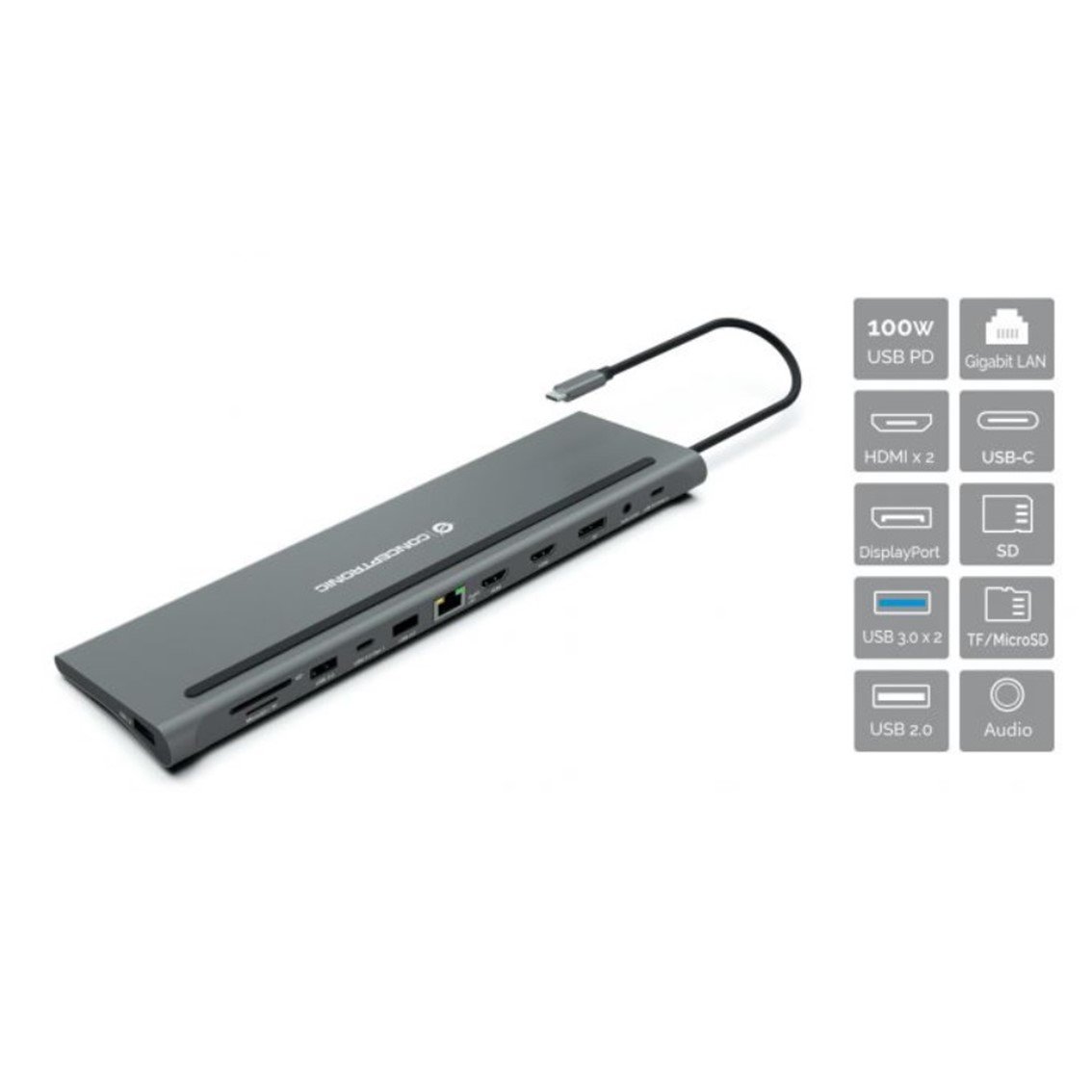DOCKING STATION CONCEPTRONIC USB TIPO C DONN17G 2 X HDMI/ 1 X DP/ 2 X USB 3.0/ 1 X USB 2.0/ 1 X RJ45/ 1 X AUX/ LECTOR SD / LECTOR MICRO SD