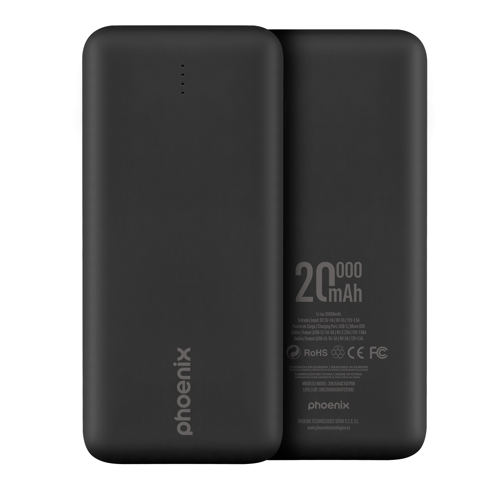 Phoenix Powerbank bateria externa 20000mAh con 2 USB Carga Rapida y 1 USB tipo C PD