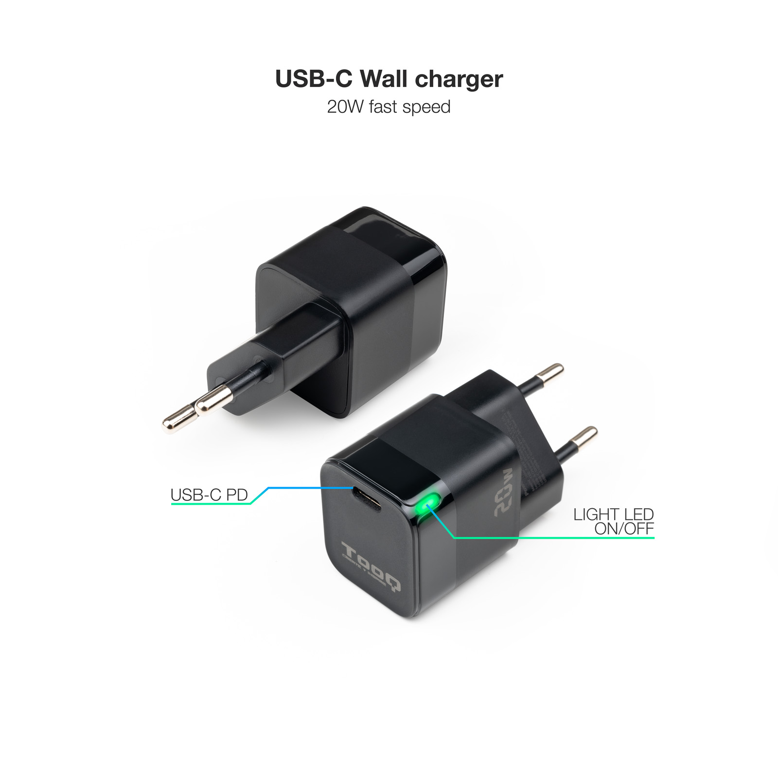 CARGADOR PARED TOOQ USB-C PD 20W NEGRO