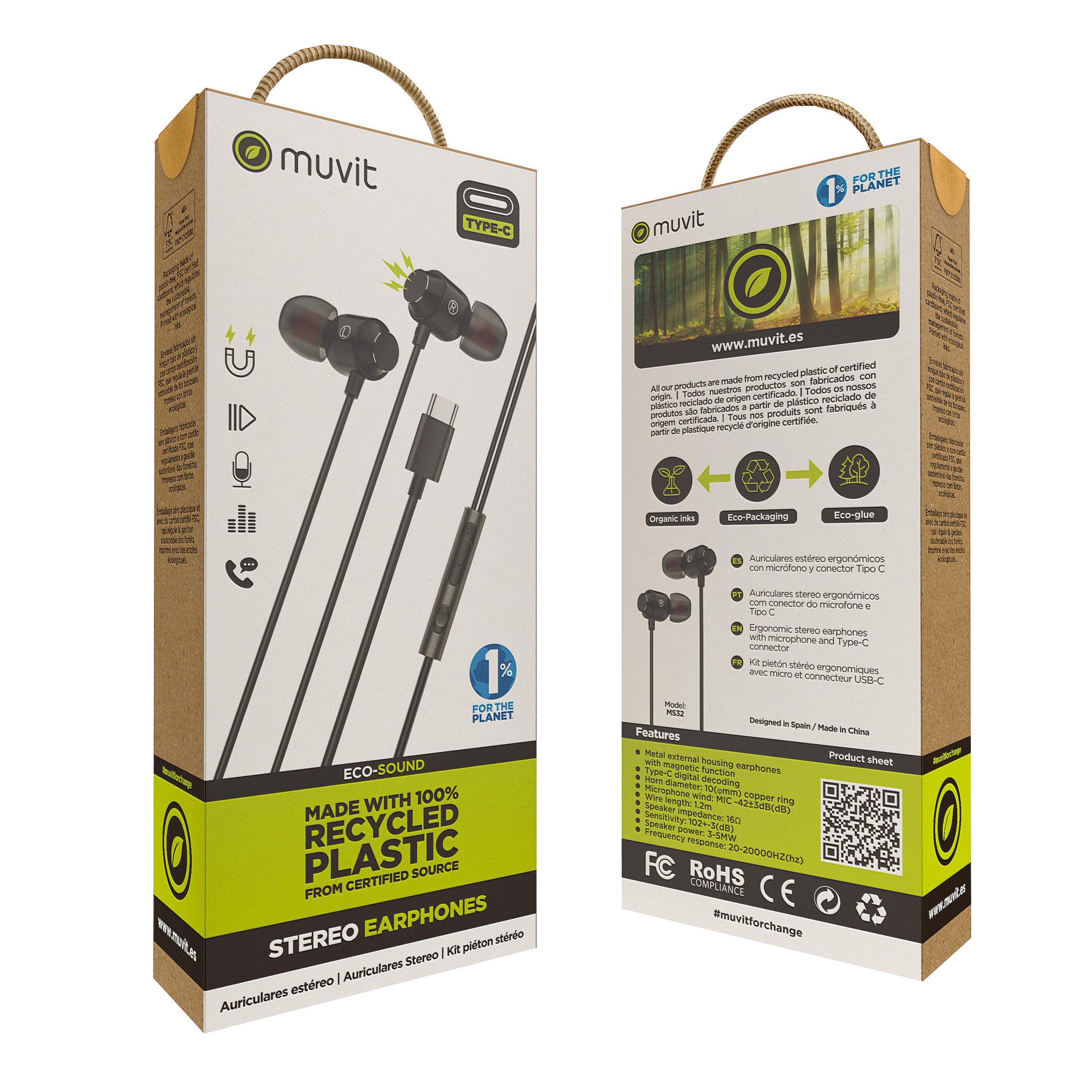 AURICULARES MAGNETICOS MUVIT M32 USB TIPO C NEGRO
