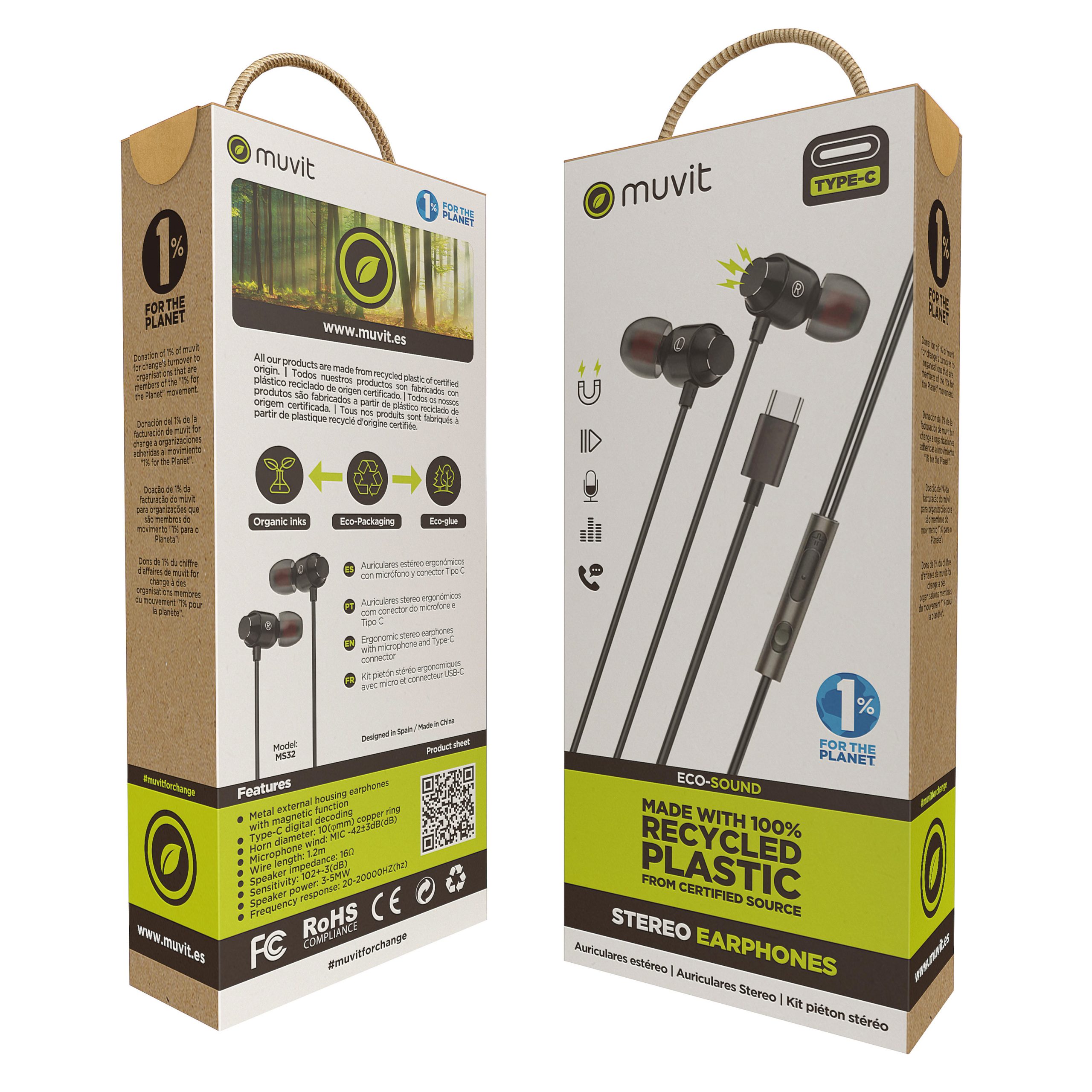 AURICULARES MAGNETICOS MUVIT M32 USB TIPO C NEGRO
