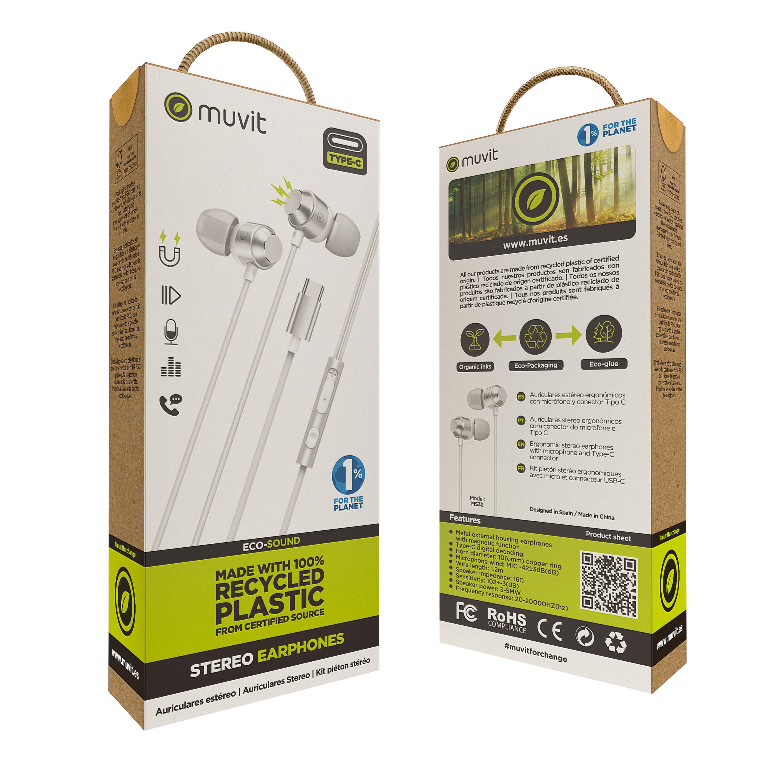 AURICULARES MAGNETICOS MUVIT M32 USB TIPO C BLANCO