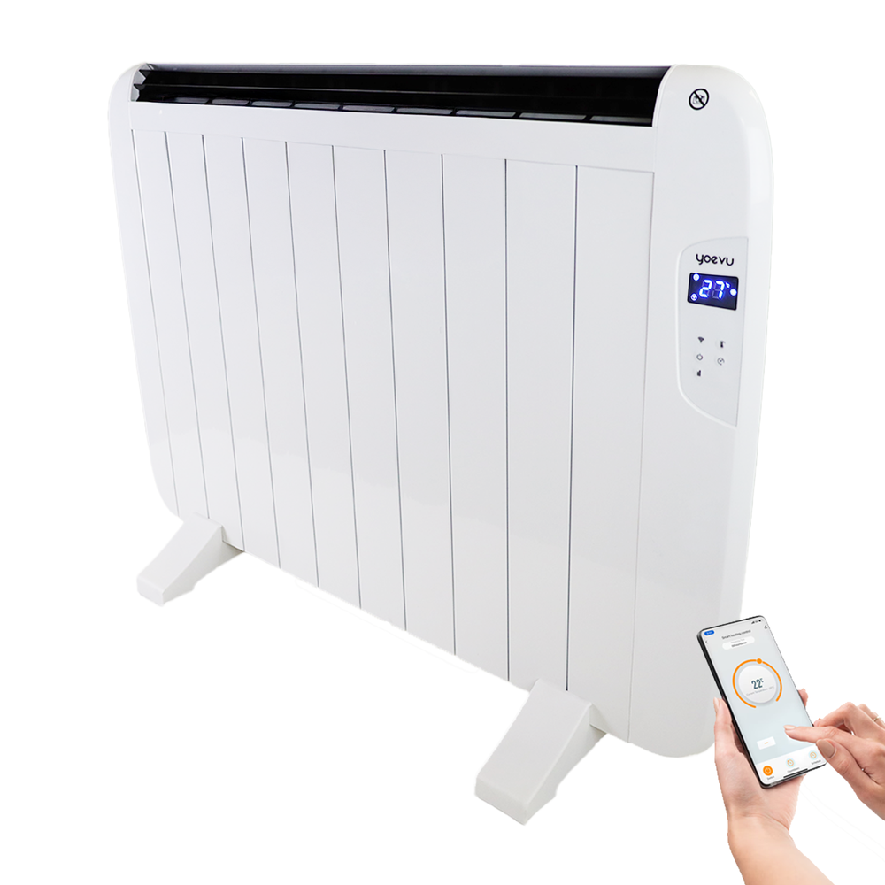 YOEVU - Radiador eléctrico bajo consumo, 10 elementos, 1500 W, temporizador, Programable, Mando a distancia, Pantalla LCD, APP control wifi, Compatible con Alexa, Apto pared o pie, Aluminio, Blanco