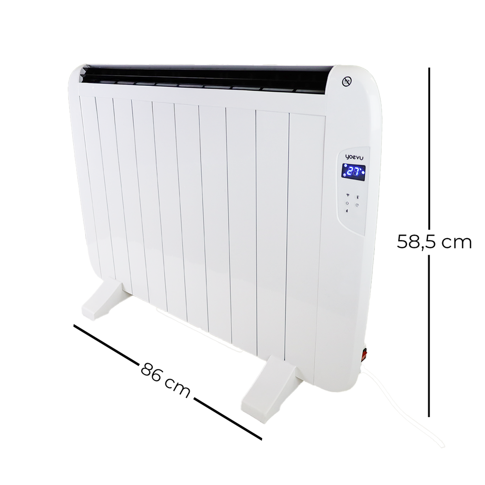 YOEVU - Radiador eléctrico bajo consumo, 10 elementos, 1500 W, temporizador, Programable, Mando a distancia, Pantalla LCD, APP control wifi, Compatible con Alexa, Apto pared o pie, Aluminio, Blanco