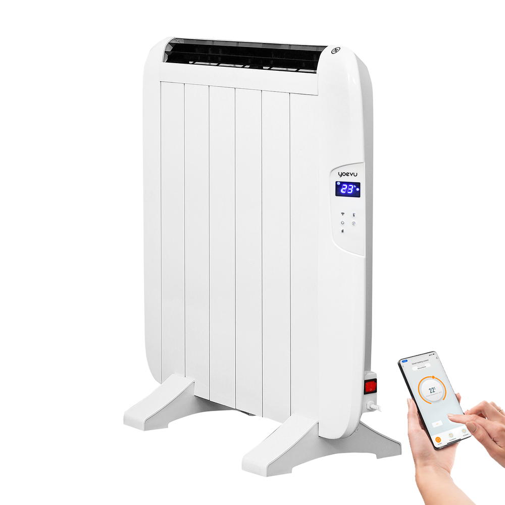 YOEVU - Radiador eléctrico bajo consumo, 4 elementos, 900 W, temporizador, Programable, Mando a distancia, Pantalla LCD, APP control wifi, Compatible con Alexa, Apto pared o pie, Aluminio, Blanco
