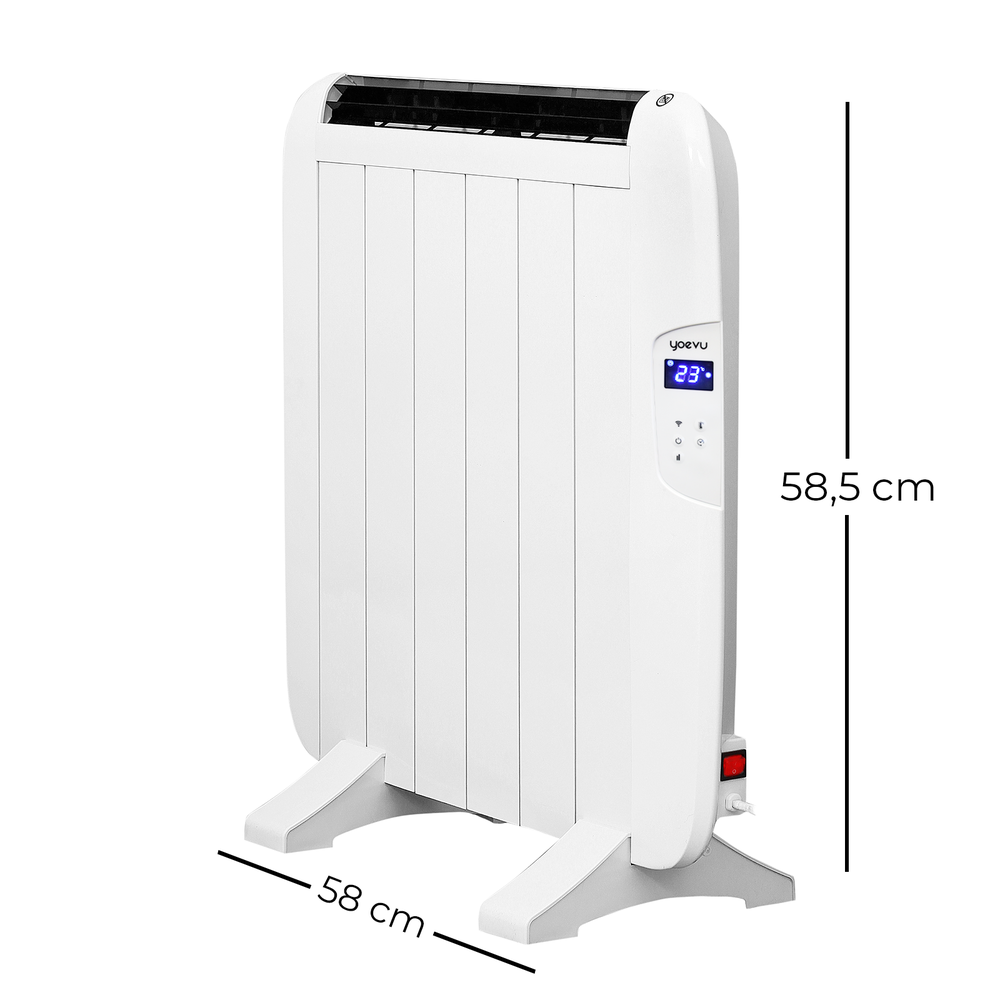 YOEVU - Radiador eléctrico bajo consumo, 4 elementos, 900 W, temporizador, Programable, Mando a distancia, Pantalla LCD, APP control wifi, Compatible con Alexa, Apto pared o pie, Aluminio, Blanco
