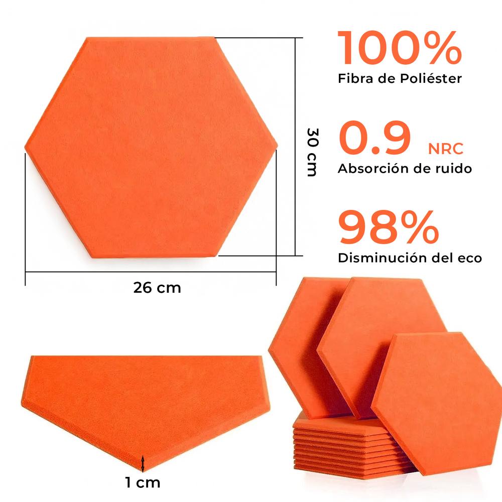 YOEVU Espuma Acústica Pack 12 Paneles Paneles Acústicos Hexagonales con Respaldo Adhesivo Insonorización y Decoración para Estudio Gaming Podcasting Grabación 30x26x1cm Naranja