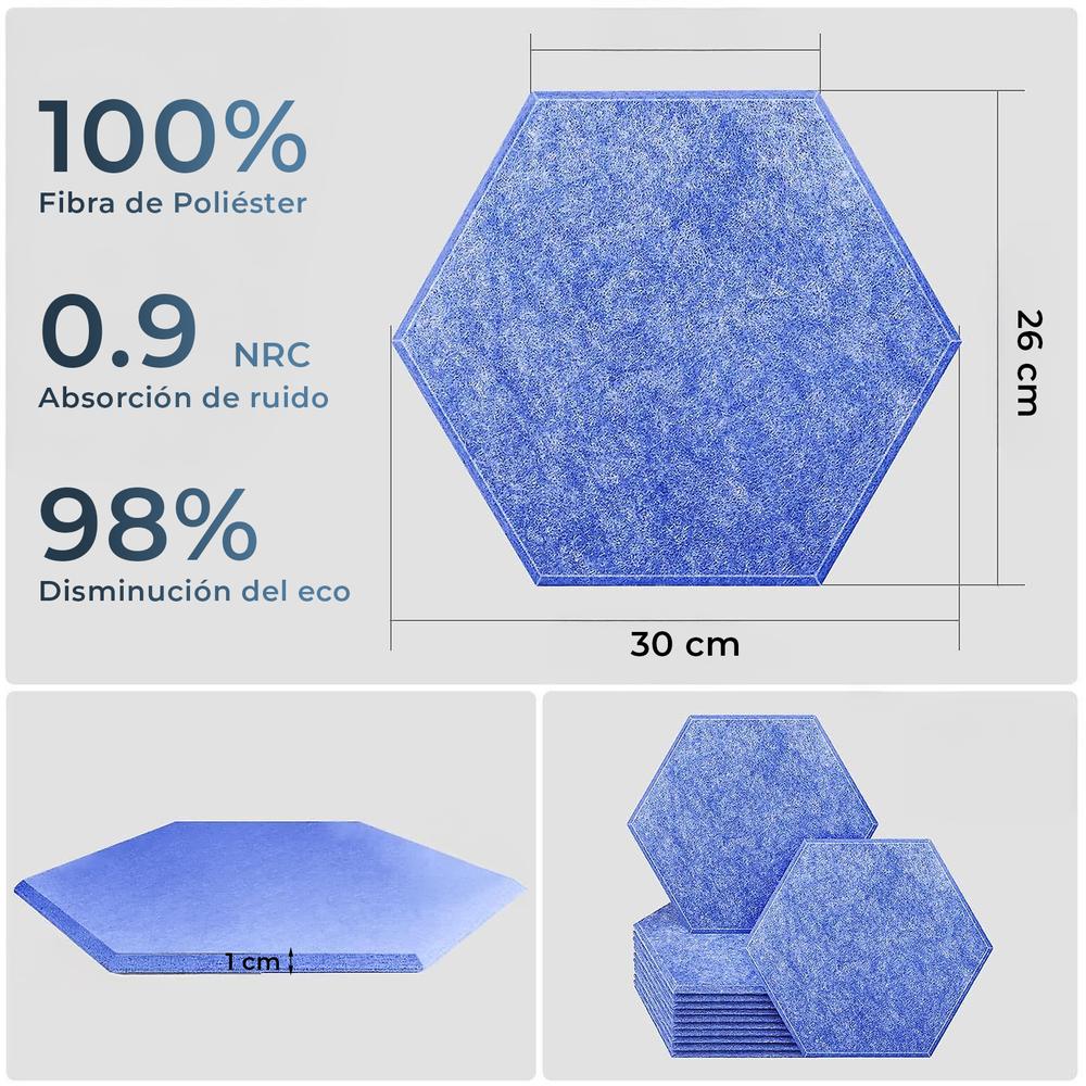 YOEVU Espuma Acústica Pack 12 Paneles Paneles Acústicos Hexagonales con Respaldo Adhesivo Insonorización y Decoración para Estudio Gaming Podcasting Grabación 30x26x1cm Azul