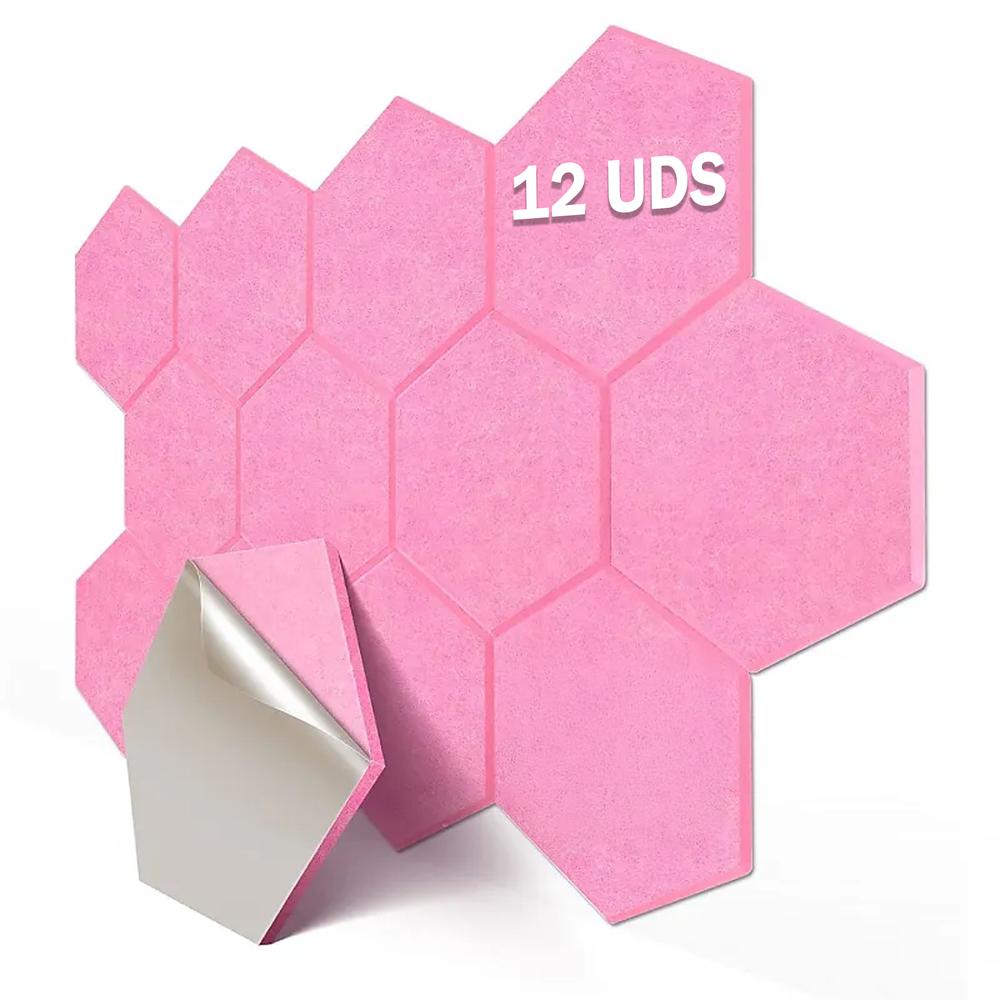 YOEVU Espuma Acústica Pack 12 Paneles Paneles Acústicos Hexagonales con Respaldo Adhesivo Insonorización y Decoración para Estudio Gaming Podcasting Grabación 30x26x1cm Rosa
