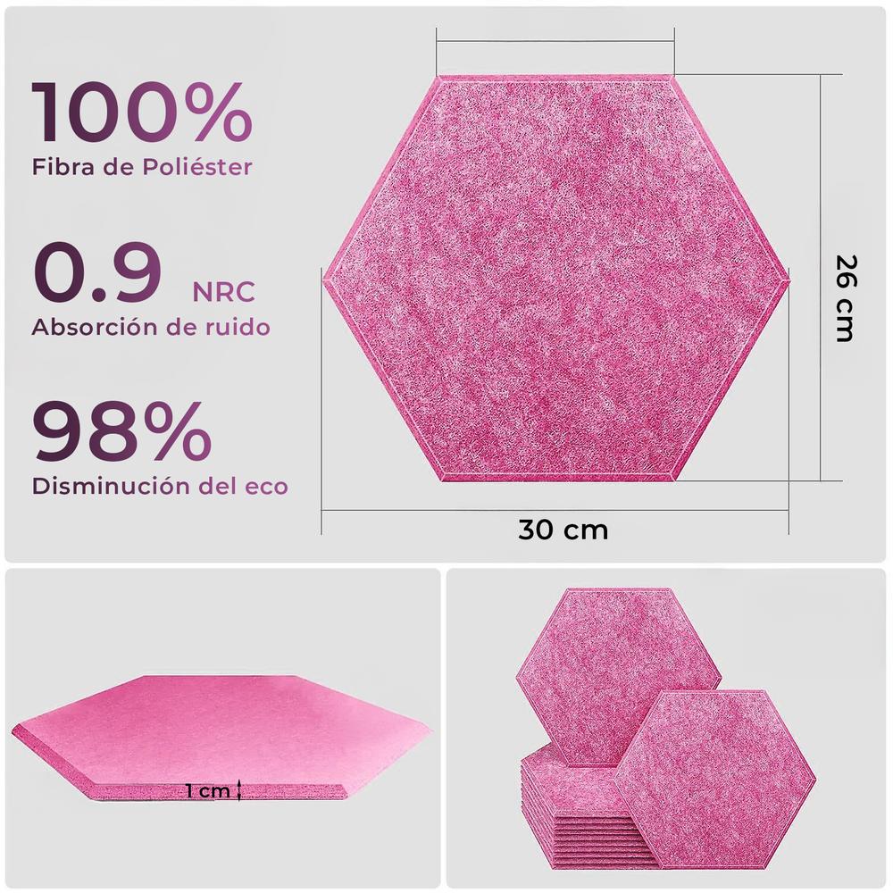 YOEVU Espuma Acústica Pack 12 Paneles Paneles Acústicos Hexagonales con Respaldo Adhesivo Insonorización y Decoración para Estudio Gaming Podcasting Grabación 30x26x1cm Rosa