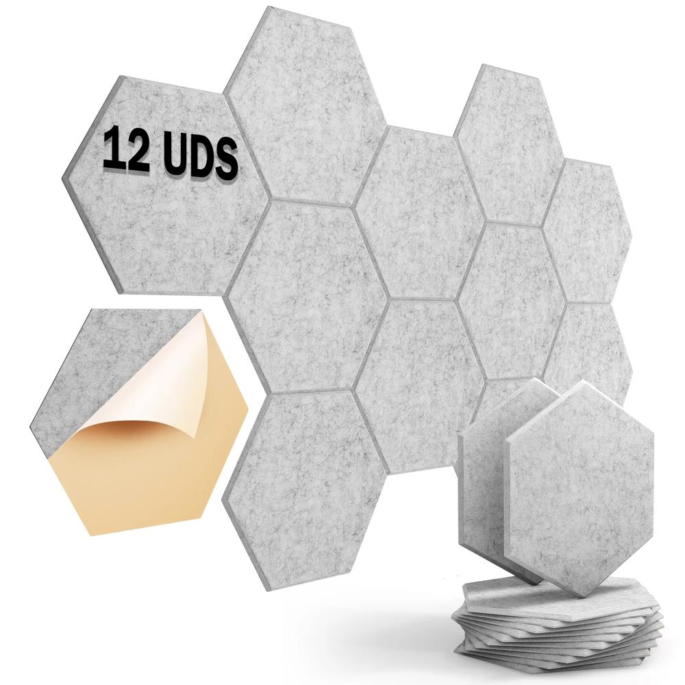 YOEVU Espuma Acústica Pack 12 Paneles Paneles Acústicos Hexagonales con Respaldo Adhesivo Insonorización y Decoración para Estudio Gaming Podcasting Grabación 30x26x1cm Gris